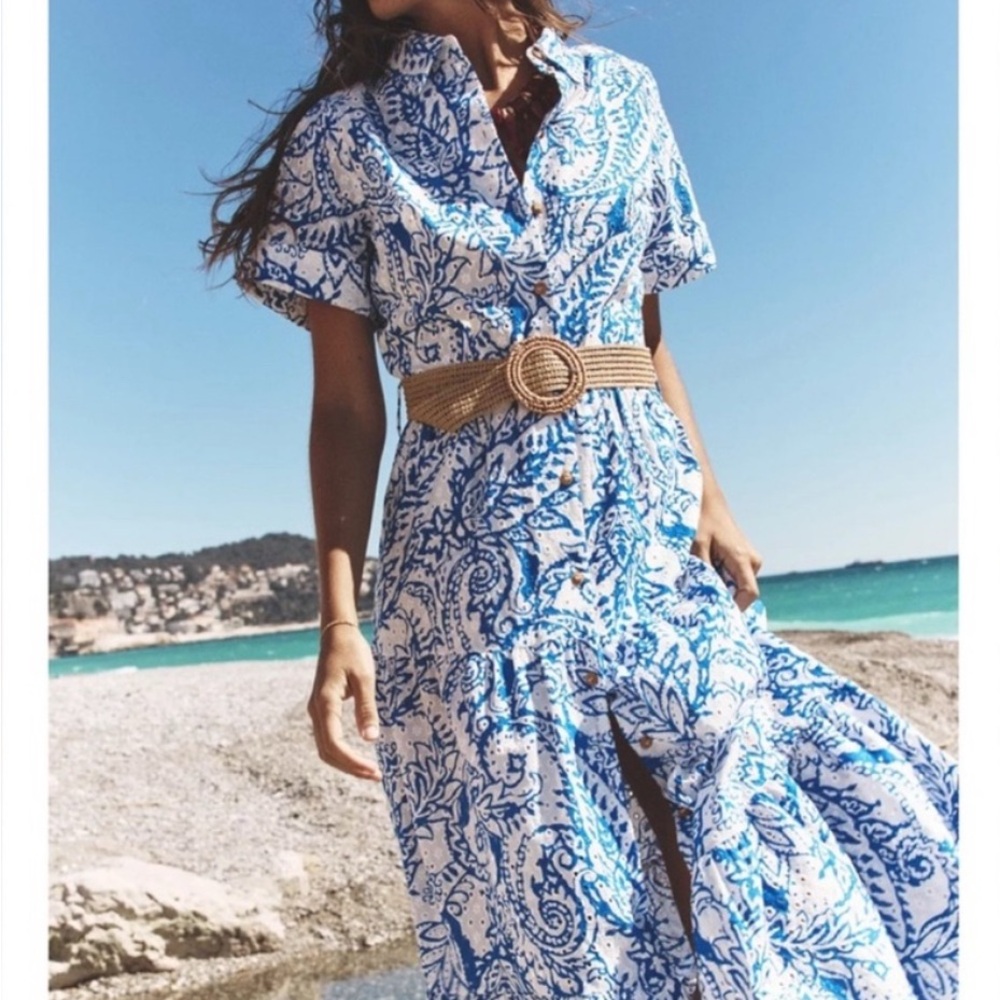 Zara Blue and White Embroidered Dress SS25 Size S